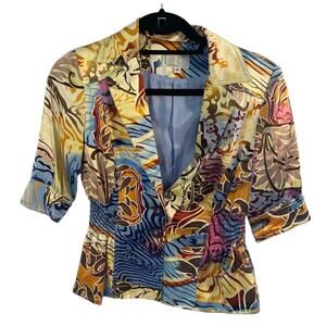 Vintage Alberto Makali Silk Blazer 90s Artsy Multicolor Cropped Jacket Sz 6